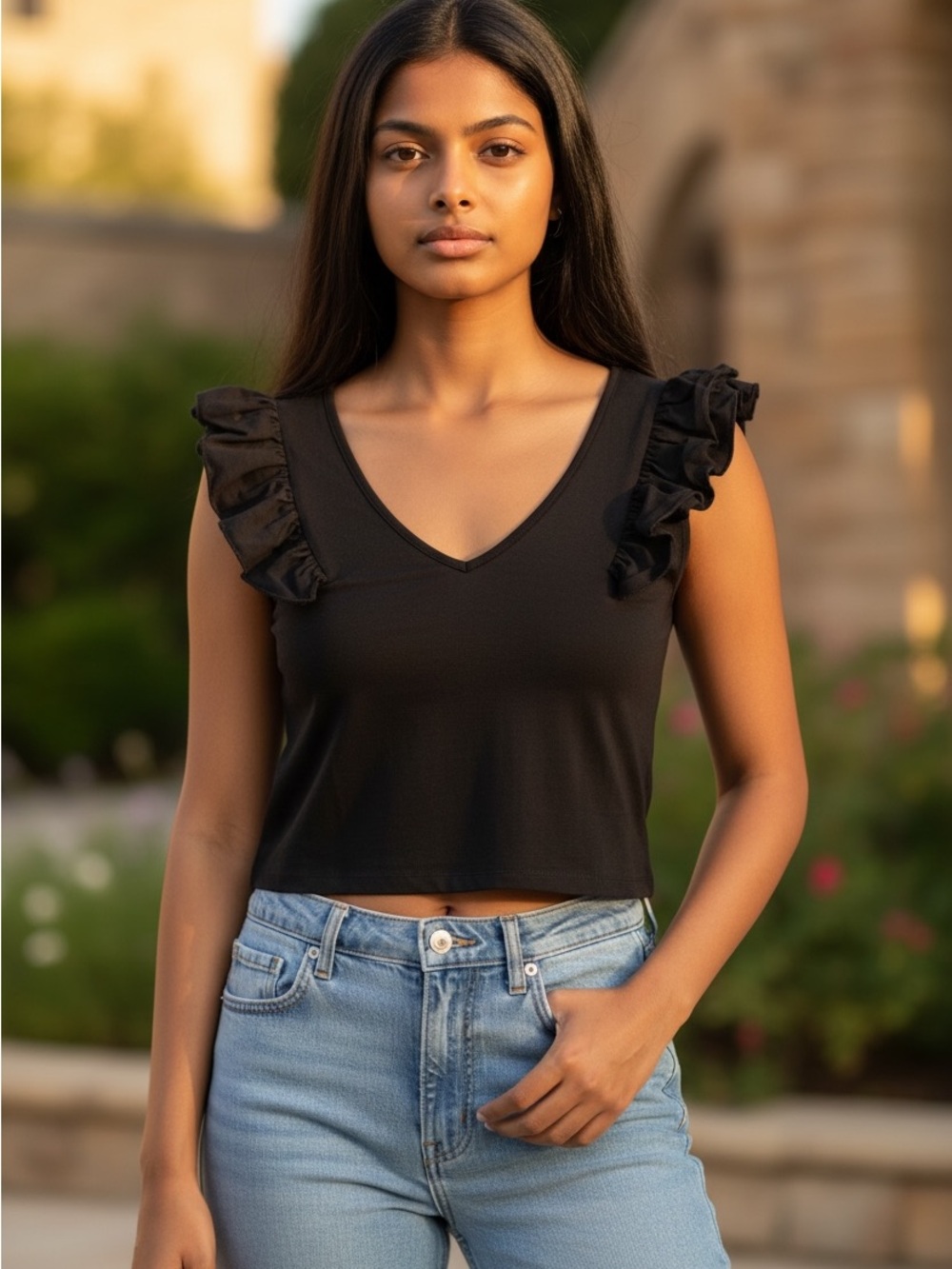 Zara Black Ruffle-Trim V-Neck Cropped Tank
